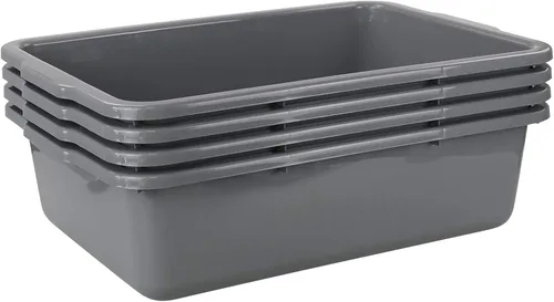 Vista 9 de Paquete de 4 bañeras de autobús, caja de mano comercial, caja de autobús de plástico (capacidad de 13 L), color gris