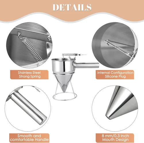 Vista 4 de MAOPINER Dispensador de masa de panqueques de acero inoxidable de 20 onzas, dispensador de pastel de embudo de pistón con soporte, embudo