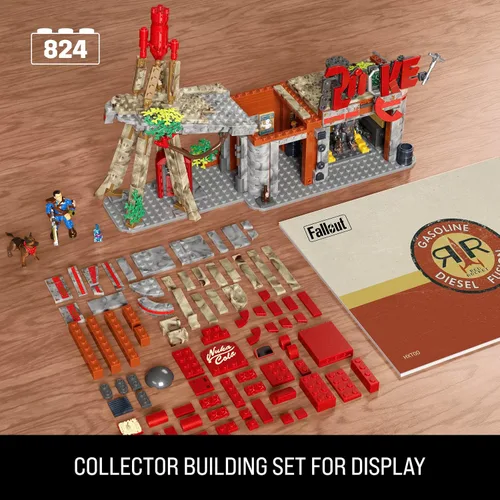 Vista 2 de MEGA Fallout - Figuras de acción de construcción, parada de camiones Red Rocket con 824 piezas, 2 personajes posables y accesorios