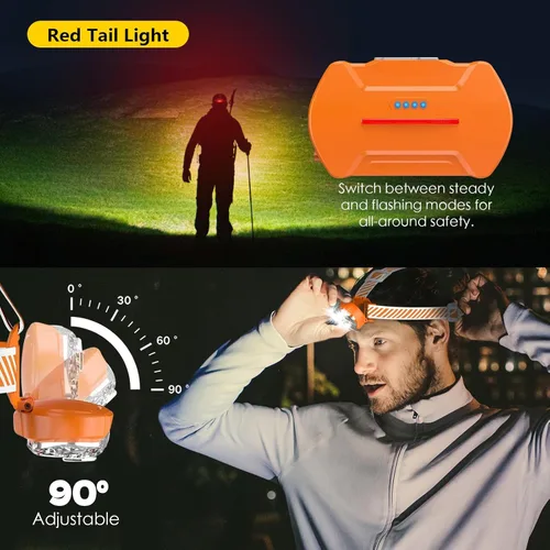 Vista 5 de MIOISY Faro recargable, linterna de cabeza de 5 LED de alto brillo con luz roja y blanca, faro impermeable IPX4, linterna de cabeza de 8 modos