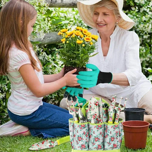Vista 7 de Juego de herramientas de jardinería, 13 piezas de herramientas de jardinería de aluminio resistente, juego de herramientas de jardín con estampado
