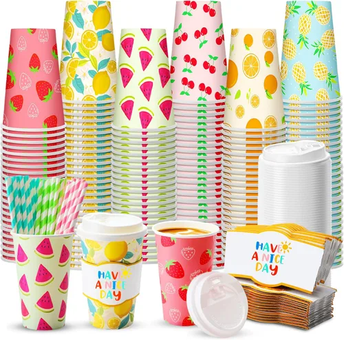 Vista 21 de Jingmore 48 juegos de tazas de café de papel desechables de 16 onzas con tapas, fundas para pajitas, vasos de papel para bebidas frías calientes