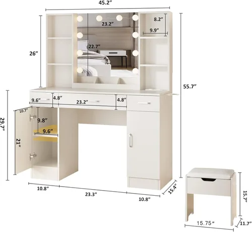 Vista 5 de Vabches Mesa de tocador de maquillaje con espejo iluminado y tira de alimentación, juego de tocador grande con taburete de almacenamiento, 3 modos