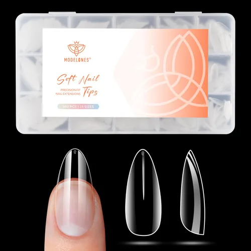Vista 19 de modelones Puntas de uñas cortas de almendra, 360 piezas pre-grabadas al ácido, uñas postizas transparentes suaves de presión, cobertura completa