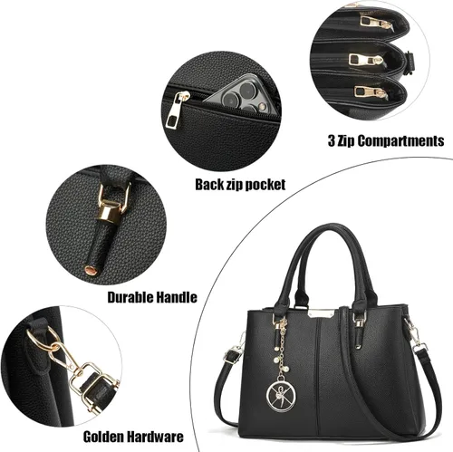 Vista 7 de Bolso y bolsos de mano para mujer, 3 compartimentos con cremallera, bolso de mano de diseñador con asa superior