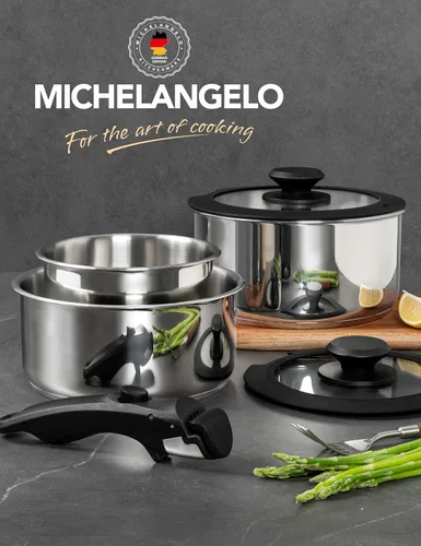 Vista 8 de MICHELANGELO Juego de ollas de acero inoxidable con mango extraíble, juego de 6 cacerolas de acero inoxidable con tapas y mango desmontable, sartén