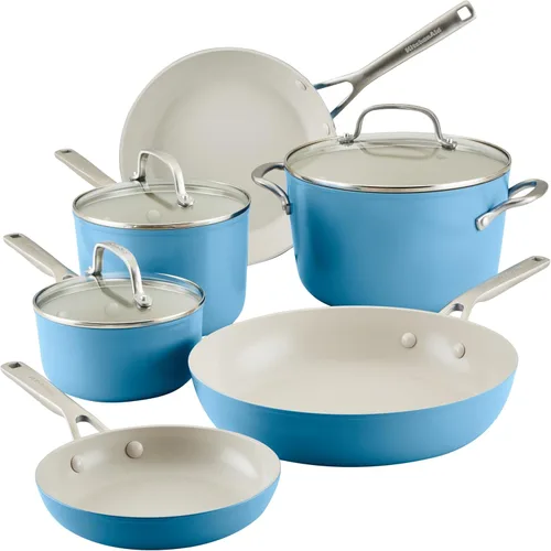 Vista 13 de KitchenAid Juego de ollas y sartenes antiadherentes de inducción de cerámica anodizada dura con cacerolas, sartenes, olla y tapas, apto