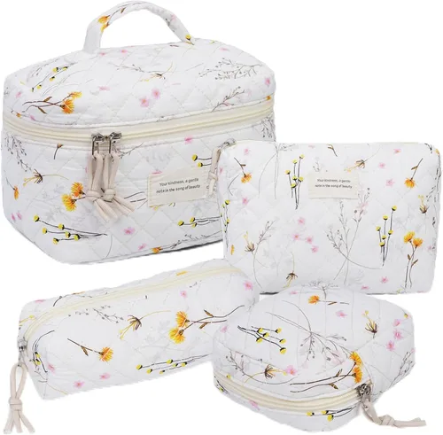 Vista 17 de VIWIME Bolsa de cosméticos de maquillaje, grande, de algodón, acolchada, de viaje, coquette, estética, linda, floral, bolsa de maquillaje