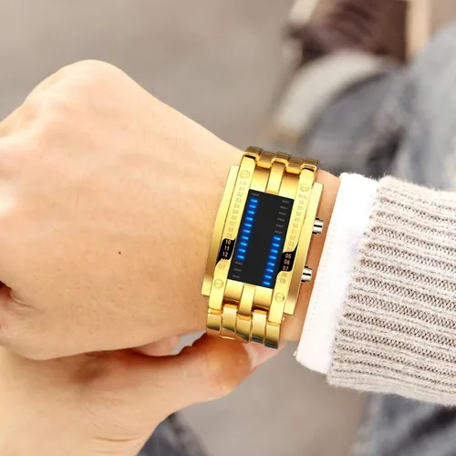 Vista 35 de Binary Matrix Blue led - Reloj Digital para hombre, moda clásica y creativa, color negro chapado