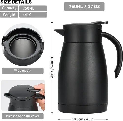 Vista 3 de Jarra térmica de 27 onzas con forro de cerámica, jarra pequeña aislada de acero inoxidable de 25.4 fl oz para mantener el café, el té y el agua Negro