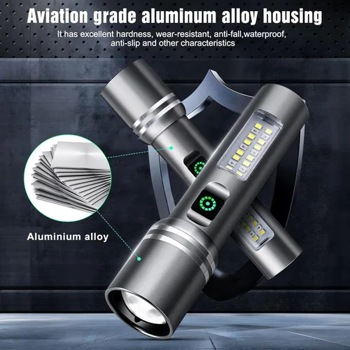 Vista 6 de Linterna recargable de alto lúmenes, 3000 lúmenes, linternas LED superbrillantes con 6 modos de luz, IPX6 impermeable, potente luz flash de mano