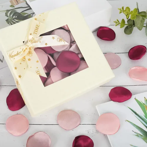 Vista 4 de Whaline 300 pétalos de rosa de seda, color burdeos, granate, con caja de regalo, flores artificiales dispersas para despedida de soltera, noche