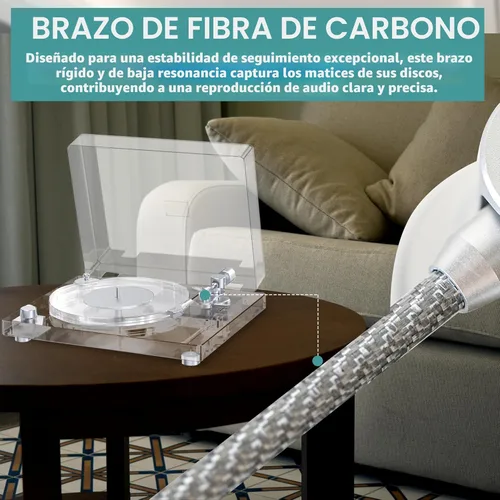 Vista 7 de Tocadiscos de vinilo vintage, tocadiscos Bluetooth 5.3 con preamplificador integrado, brazo de fibra de carbono, placa acrílica antivibración, doble