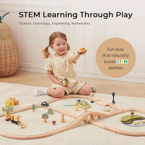 Vista 3 de OOOK Juego de tren de madera multiescenario, todos los accesorios de madera para niños pequeños de 3 años, juguete de tren multiescenario para niñas