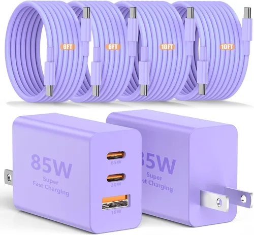 Vista 12 de Susnwere - Cargador de pared USB C de 85 W para Samsung S26 Ultra, 3 puertos de 100 W PD rápida 3.0 tipo C carga con cable USB C de 3/6/10/10 pies