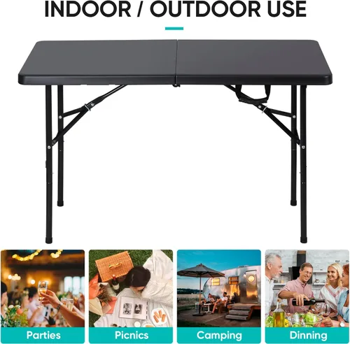 Vista 5 de ZENY Mesa plegable portátil de plástico de 4 pies para interiores y exteriores, picnic, fiesta, campamento, mesa de comedor con asa, color negro