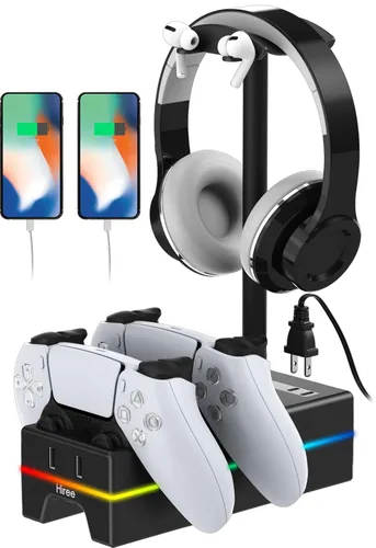 PS5 Controller Charger with USB Charging Port and AC Outlet, RGB DualSense Charging Station Dock for Playstation 5 Controllers with Headphone Stand,