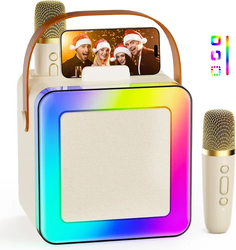 Mini máquina de karaoke para niños y adultos, altavoz Bluetooth portátil con 2 micrófonos inalámbricos, juguetes de karaoke para fiesta familiar,