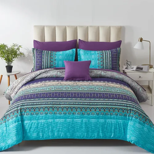 Vista 9 de Cottolester - Juego de edredón bohemio de tamaño matrimonial, 8 piezas, ropa de cama de microfibra suave en una bolsa, rayada y de color aguamarina