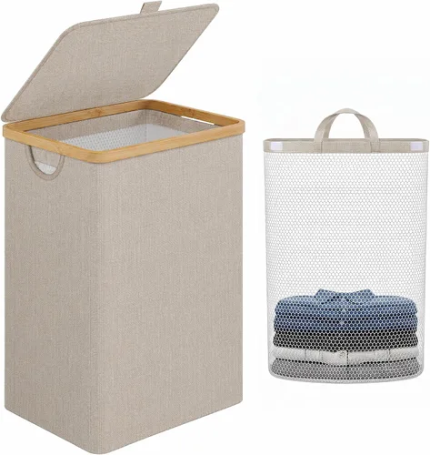 Vista 12 de iEGrow Cesta de lavandería con tapa, cesta grande de lavandería de 110 litros con asa y tapa, organizador de ropa plegable con bolsa interior Beige