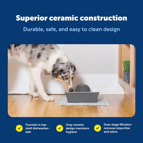 Vista 6 de PetSafe Drinkwell Ceramic Pet Water Fountain - Quiet Automatic 70oz Dispenser for Cats & Dogs with Filters - Dishwasher Safe Square Design