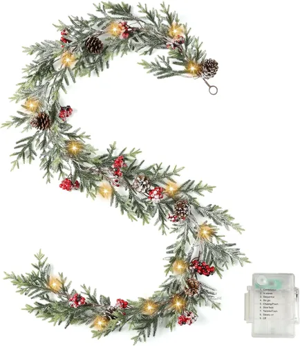 Vista 8 de Guirnalda de Navidad de 6 pies con luces, decoración de Navidad, guirnalda de pino artificial preiluminada con temporizador que funciona