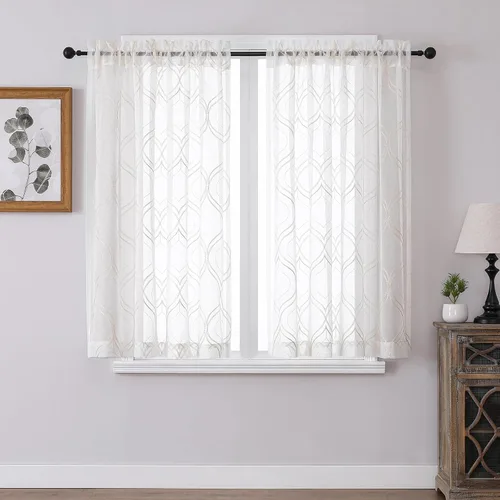 Vista 44 de VISIONTEX Cortinas traslúcidas blancas de 95 pulgadas de largo, juego de 2 paneles de cortinas beige marroquíes bordadas en enrejado, textura