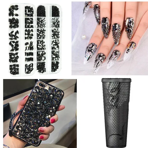 Vista 6 de 2680 gemas de uñas de diamantes de imitación negros, 120 dijes grandes para uñas negras con cuentas redondas brillantes de parte trasera plana