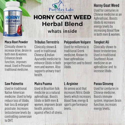 Vista 3 de Horny Goat Weed 1364mg Extra Strength con Maca, L-Arginina, Ginseng, Boost Performance, Resistencia, Energía, Fórmula No OGM 90 Cápsulas