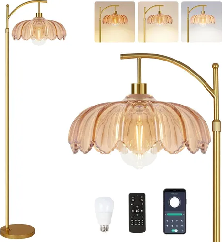 Vista 16 de Lámparas de pie doradas para sala de estar, dormitorio, lámpara de pie de cristal con control remoto y pantalla rosa, lámpara de pie regulable