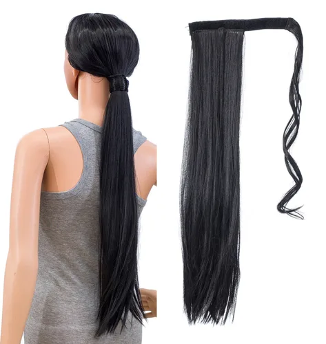 Vista 7 de SWACC - Extensiones de pelo largo, lacio y ondulado, en forma de cola de caballo, extensiones de pelo sintético con clip para mujer