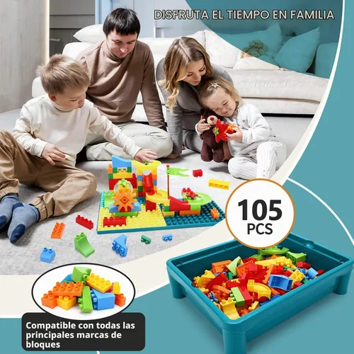 Vista 4 de Mesa de actividades para niños de doble cara con almacenamiento, mesa multiactividad todo en uno, 105 piezas de bloques de construcción con pista