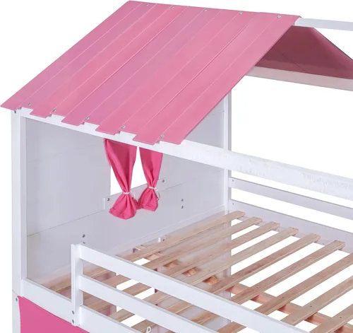 Vista 149 de Cama de casa de tamaño individual con elegantes ventanas y estantería, litera con diseño de castillo de madera con barandillas de seguridad