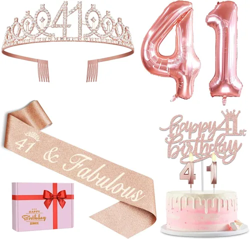 Vista 32 de Decoraciones de cumpleaños número 17 para niña, incluyendo tiara y banda de cumpleaños de 17, decoración para pastel y velas, globos de números