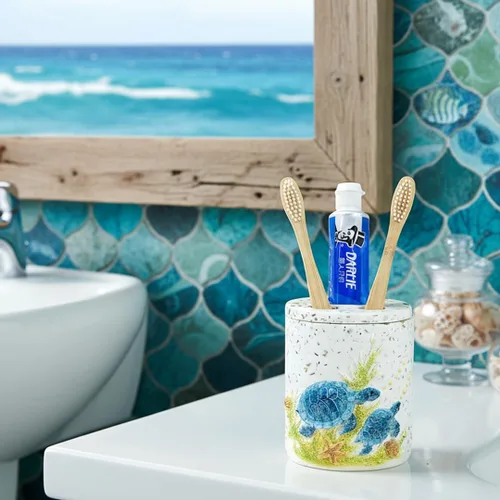 Vista 6 de Soporte para cepillos de dientes de tortuga marina de terrazo de 4 pulgadas, bonito diseño de cara sonriente para baño, almacenamiento higiénico