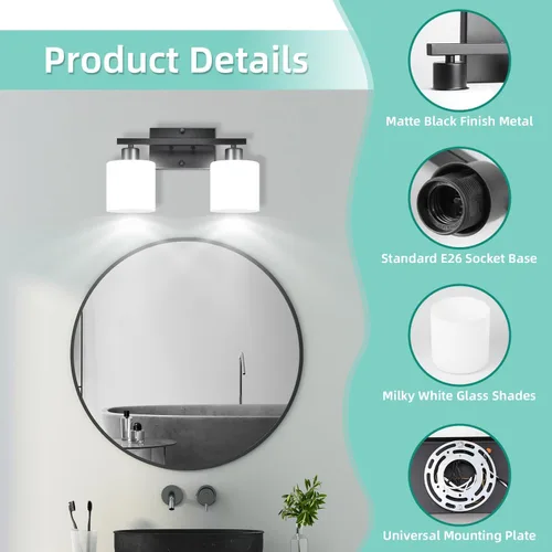 Vista 2 de SILAMPDI Lámparas de baño negras sobre el espejo, modernas luces de tocador de 2 luces, apliques de pared inoxidables para dormitorio, pasillo