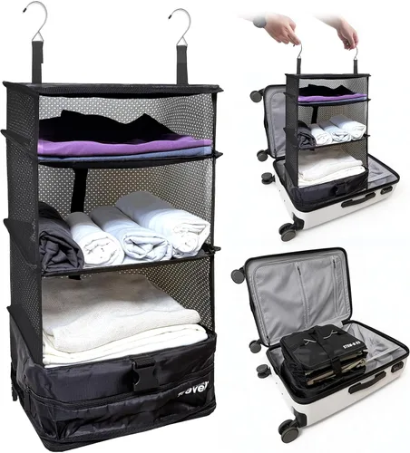 Grand Fusion Stow-N-Go Organizador de Equipaje de Viaje – Estantes de Viaje Colgantes Portátiles, Organizador de Armario para Equipaje de Mano Negro