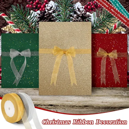 Vista 4 de Cintas de Navidad, DECYOOL 2 Rollos 100 Yardas Cintas de Organza de Navidad 0.8 Pulgadas de Ancho Cinta de Festival Navideño para Envolver Regalos