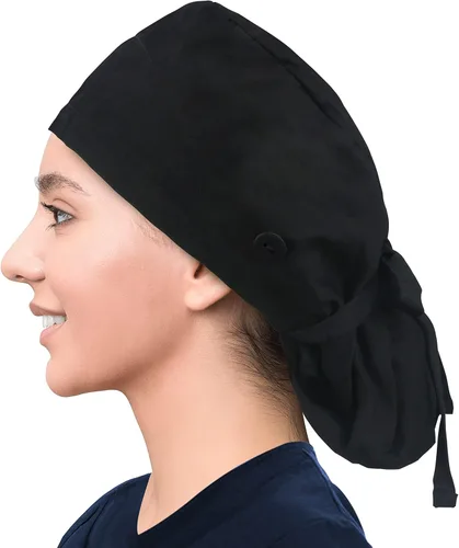 Vista 8 de Gorra médica con forro de satén con bolsillo para cola de caballo, gorro de enfermera médica de algodón con banda elástica para el sudor