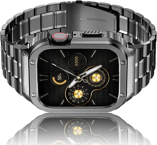 Vista 10 de HASLFM Correa de acero inoxidable con funda compatible con Apple Watch Series 9, 8, 7 (1.614 pulgadas), 6 5 4 SE3/2/1 (1.575 pulgadas), Series 3, 2