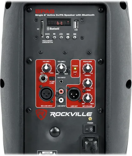 Vista 4 de Rockville BPA8 Altavoz de PA alimentado de 8" de 300W pico/75W RMS, Bluetooth, USB/SD, EQ, controlador de titanio de 1", para soporte