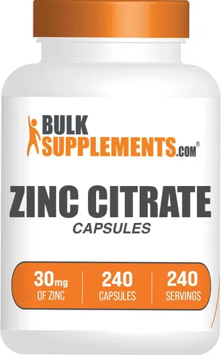 BulkSupplements. Com Cápsulas de citrato de zinc, suplementos de zinc, sin gluten, 30 mg por porción, 1 cápsula por porción, 240 unidades (paquete
