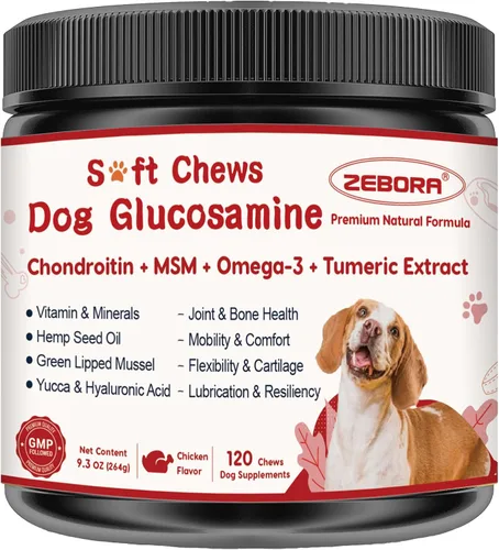 Glucosamina para perros, suplemento articular para perros con condroitina, MSM, omega-3, cúrcuma y vitaminas para aliviar el dolor, suplemento para