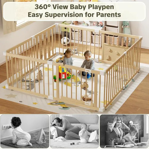 Vista 7 de Corralito de madera para bebés con bloqueo de seguridad para niños, corralito grande de 64 x 64 pulgadas para bebés y niños pequeños, centro