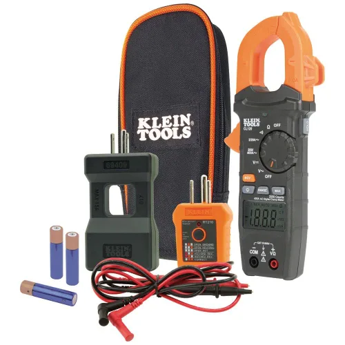 Vista 2 de Klein Tools CL120KIT - Kit de medidor de abrazadera digital de rango automático y probador de salida GFCI RT250 con pantalla LCD, probador