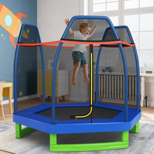 Vista 8 de GYMAX Trampolín para niños, cama elástica de 7 pies con red de seguridad y almohadilla de resorte sin costuras, trampolín pequeño de alta