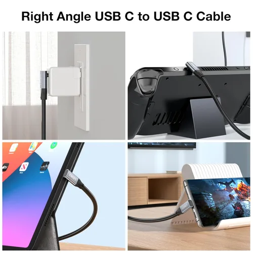 Vista 6 de Cable USB C a USB C de 90 grados, 20 Gbps, cable de transferencia de datos USB C de 100 W, carga PD de 4K a 144 Hz/60 Hz, cable de video en ángulo