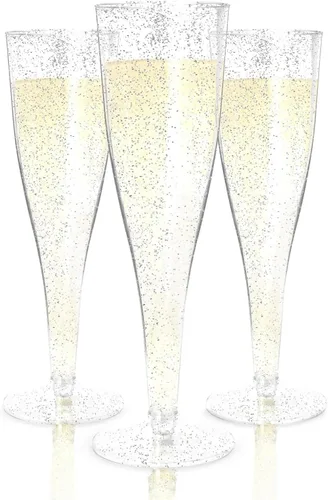 Vista 13 de Prestee 200 Flautas de Champán Desechables con Purpurina Dorada - Copas de Champán de Plástico de 4.5 Oz para Fiestas, Brindis de Boda, Barra