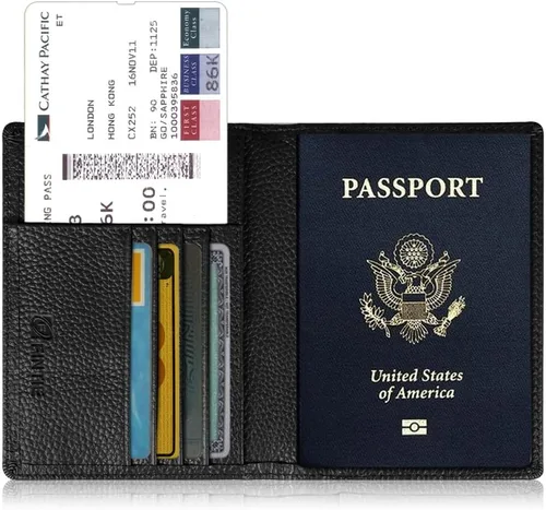 Vista 2 de Fintie Soporte para pasaporte, cartera de viaje delgada con bloqueo RFID, funda protectora para pasaporte, artículos esenciales de viaje con ranuras
