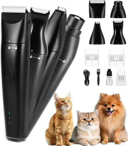 Cortadora de perros 4 en 1, kit de cortadora de uñas recargable USB-C con dos velocidades, afeitadoras inalámbricas para perros y gatos para pelos